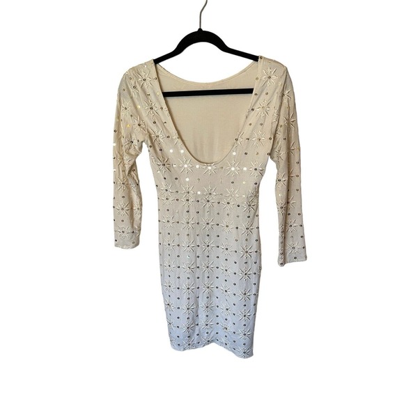 FREE PEOPLE Womens Bodycon Dress Cream Floral Embroidered Gold Sequins Sz S - Picture 2 of 5
